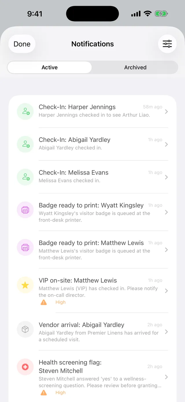Staff alerts arriving in the ArrivSure Companion app