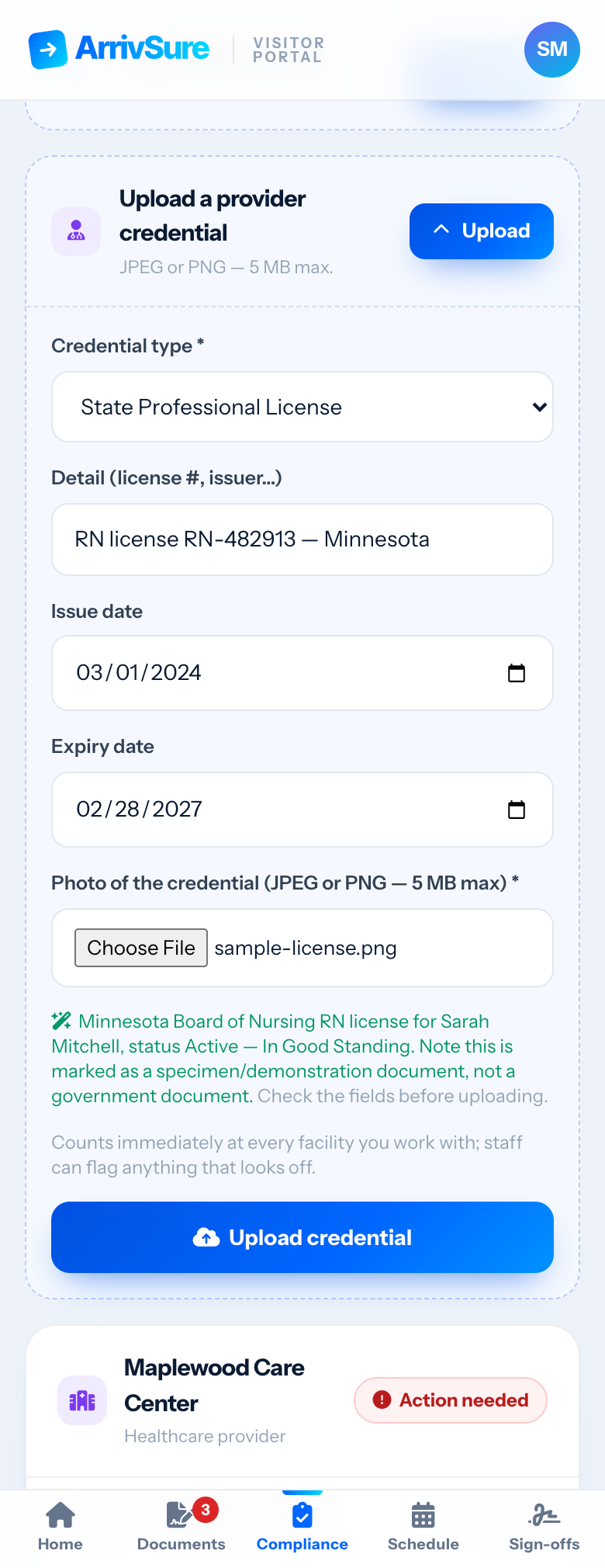 ArrivSure reading an uploaded credential document and pre-filling the record for staff review
