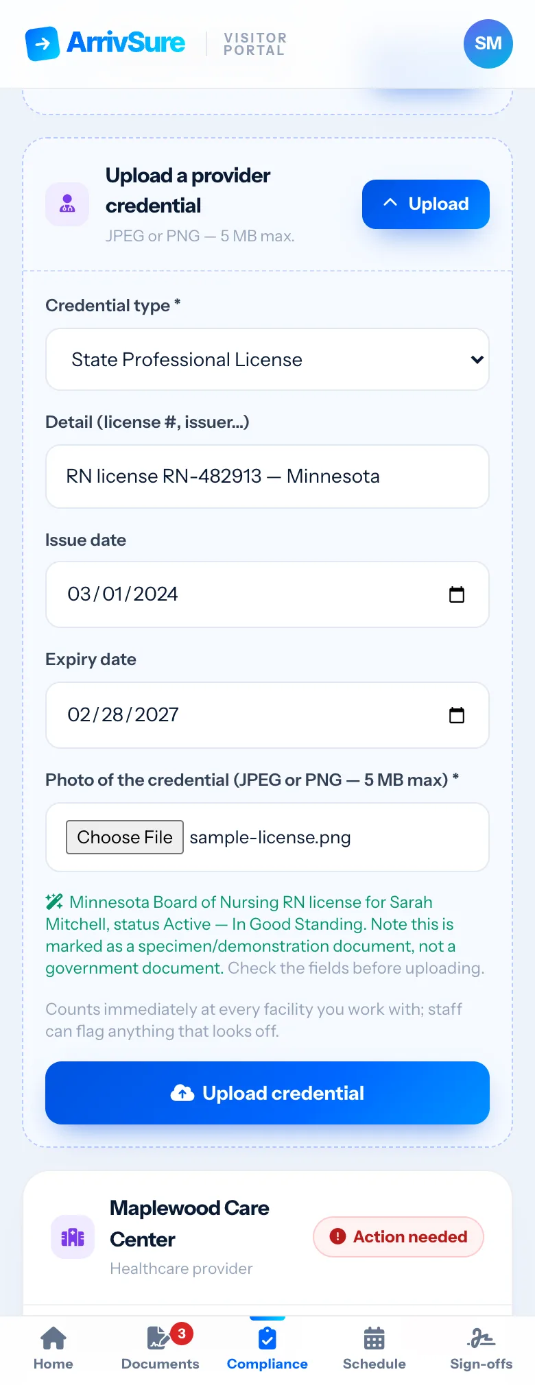 ArrivSure reading an uploaded credential document and pre-filling the record for staff review