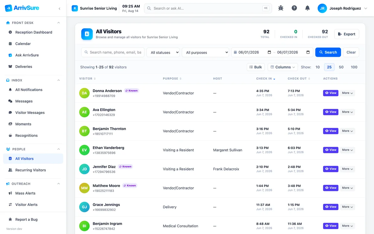 Searching the ArrivSure visit log by date range to build an exposure list