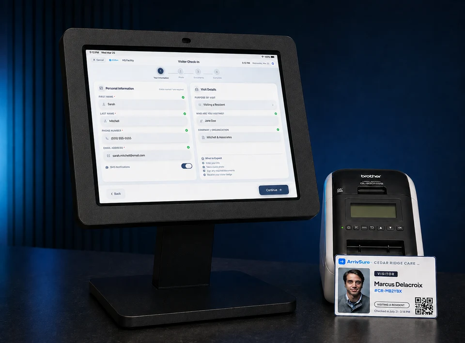 Landscape ArrivSure check-in kiosk with Brother QL-820NWB printer and ArrivSure visitor badge