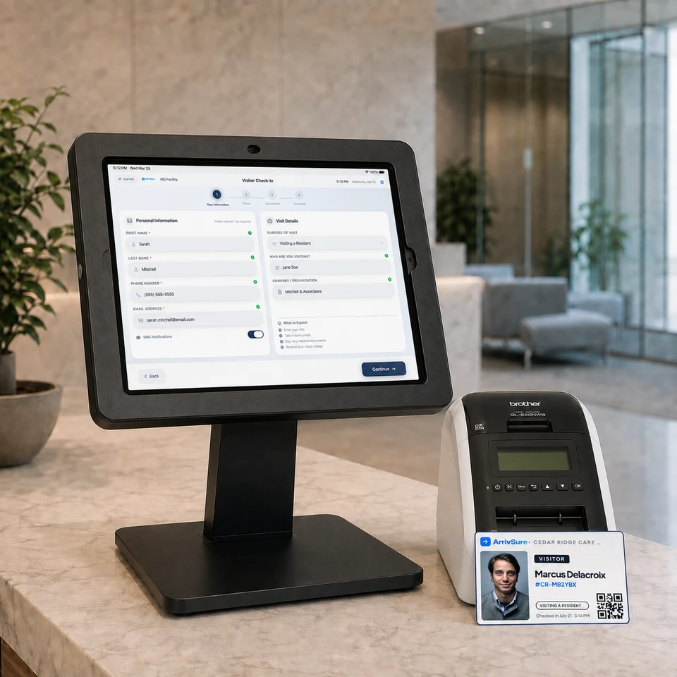 Landscape ArrivSure visitor check-in kiosk with a Brother QL-820NWB and ArrivSure visitor badge