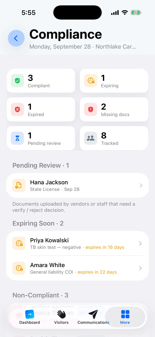The Companion compliance screen: compliant, expiring, expired, and missing-document counts, with a license pending review