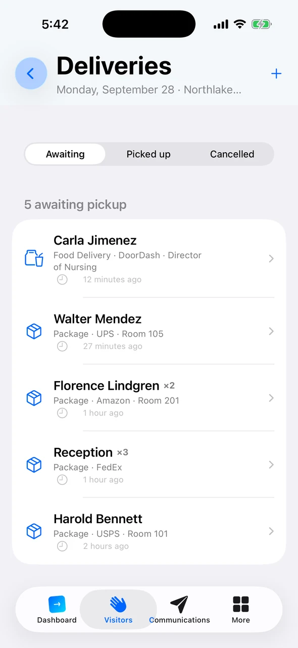 Five deliveries awaiting pickup in Companion, including a food delivery and packages for residents