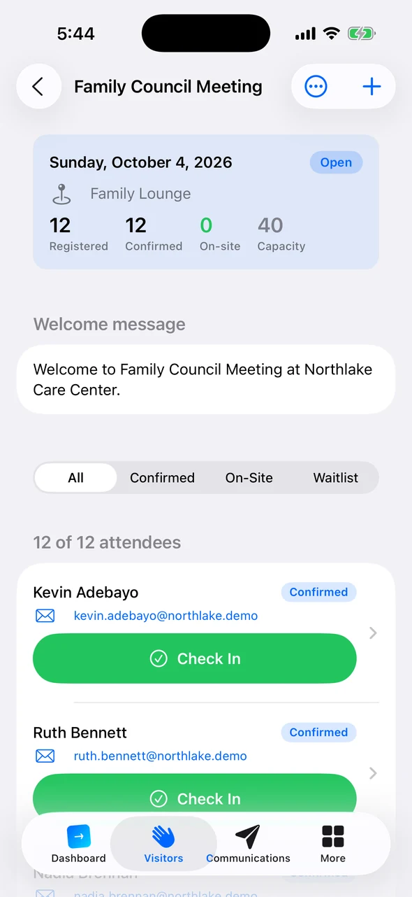 The Family Council Meeting in the Companion app: 12 registered, 12 confirmed, capacity 40, with Check In buttons