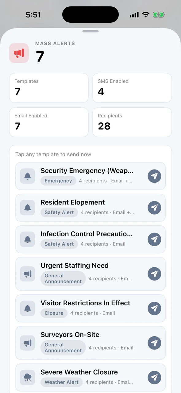 Companion app mass alert templates, each ready to send with one tap