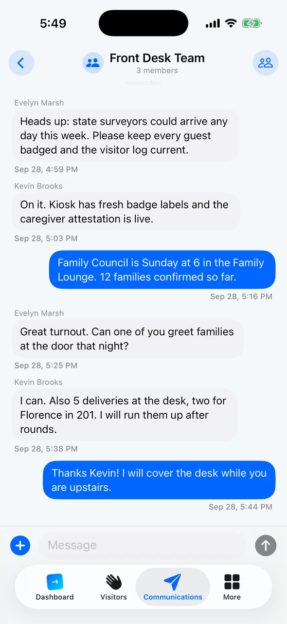 Front Desk Team message thread in the Companion app about surveyors, the family council, and deliveries