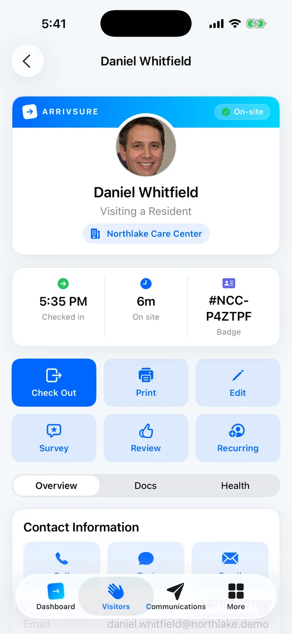 A visitor record in Companion with Check Out, Print, Edit, Survey, Review, and Recurring actions