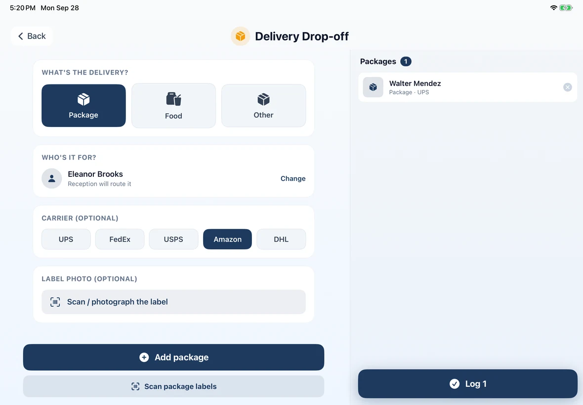 Delivery Drop-off screen on the Northlake Care Center kiosk with package, recipient, carrier, and label scan