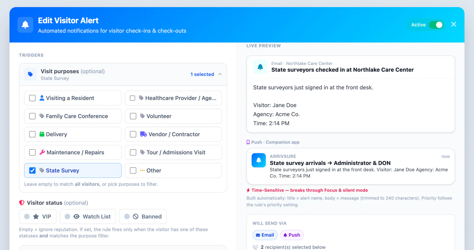Editing a visitor alert rule: State Survey purpose selected, with an email and push preview reading State survey arrivals to Administrator and DON