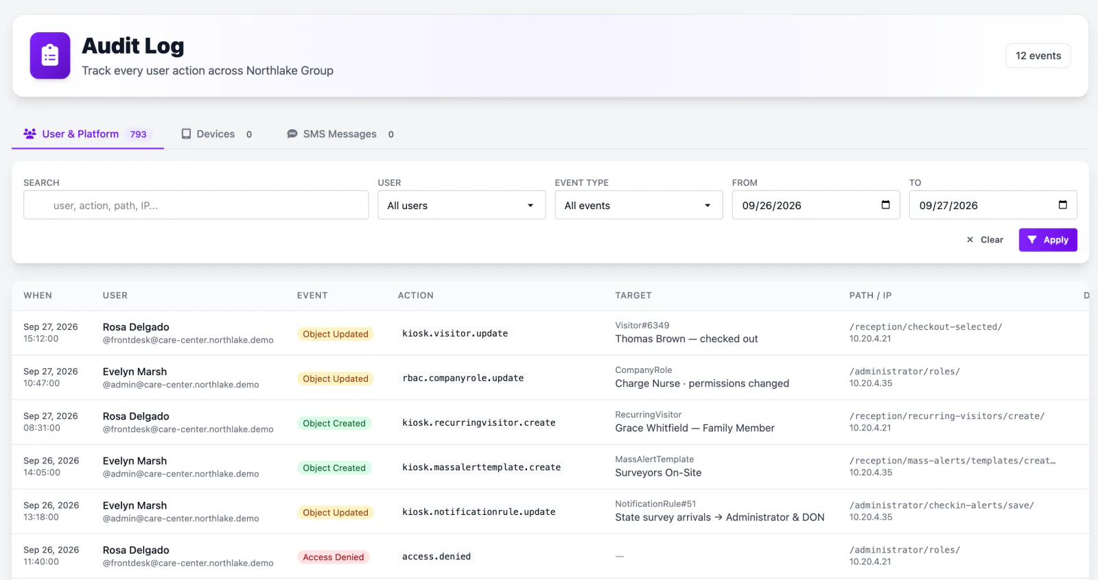 ArrivSure audit log for Northlake Group: record updates, role permission changes, alert template creation, and a denied-access event, each with user, target, path, and IP