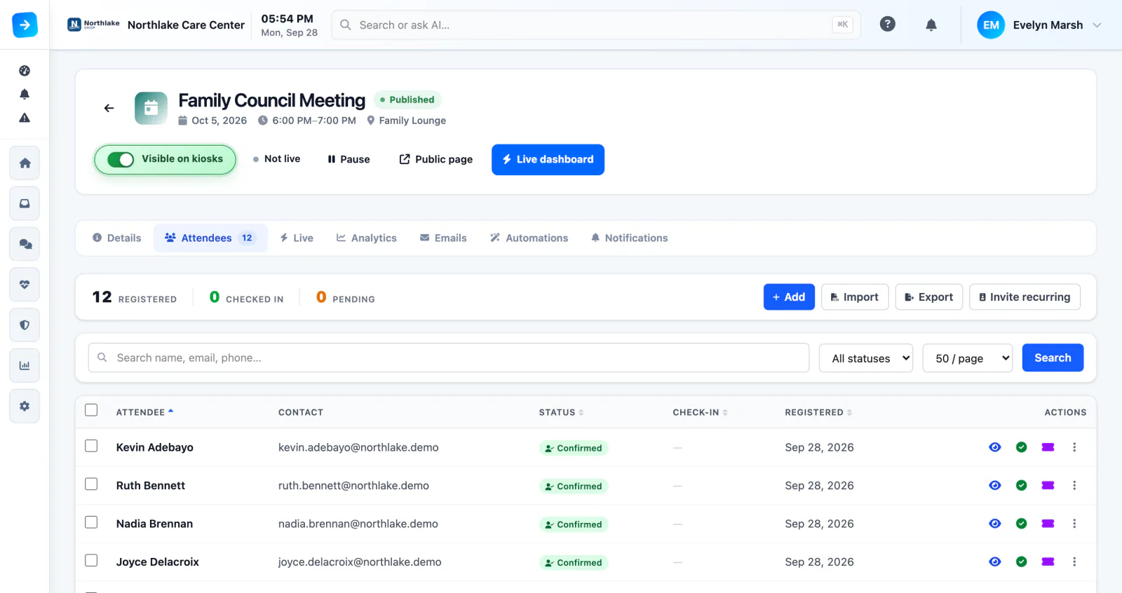 The Family Council Meeting in ArrivSure: published, visible on kiosks, with 12 registered attendees and a live dashboard button