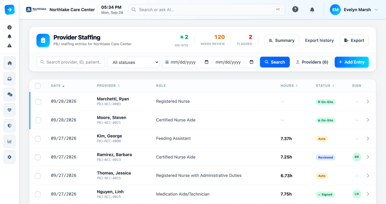 PBJ provider staffing entries with hours and review status