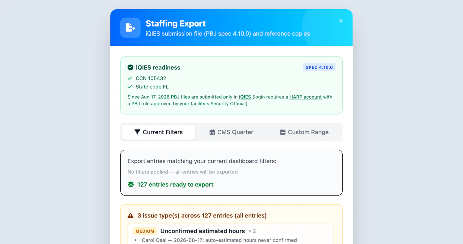 Staffing Export for iQIES: readiness check for CCN and state code, 127 entries ready to export, and a pre-export warning about unconfirmed estimated hours