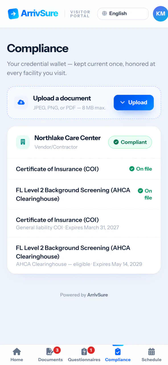 A vendor’s Compliance page in the ArrivSure Visitor Portal: upload a document, with a certificate of insurance and a Level 2 background screening on file for Northlake Care Center
