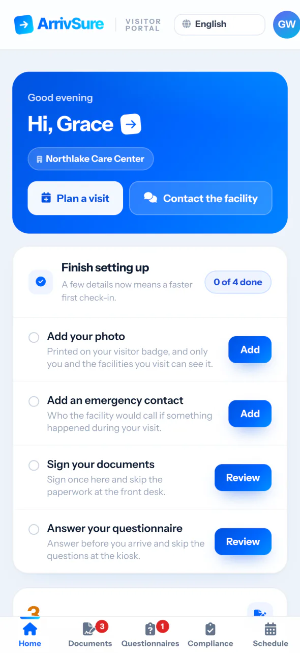 The Visitor Portal home screen with steps to add a photo, sign documents, and answer a questionnaire