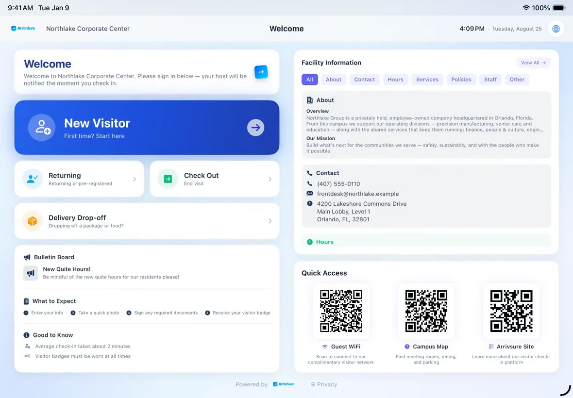 ArrivSure visitor welcome screen on an iPad